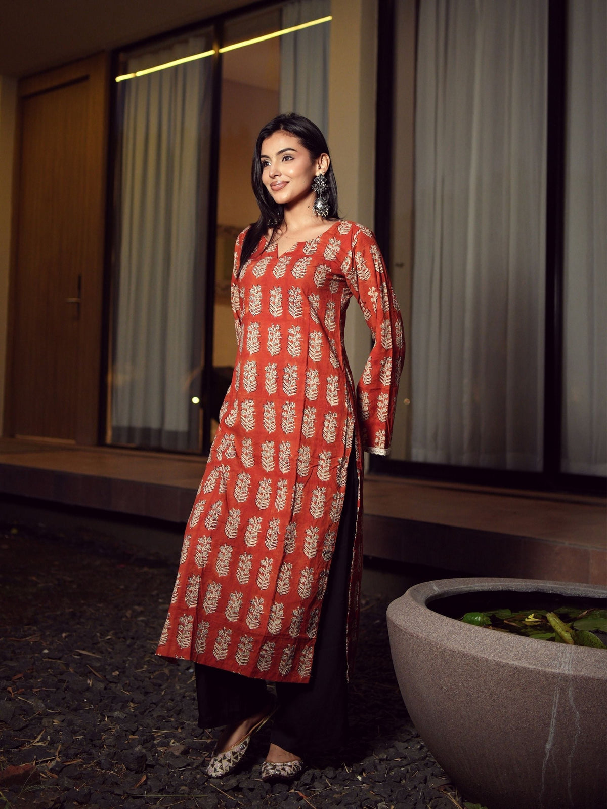 Falak Rust Red Handblock Cotton Long Kurta