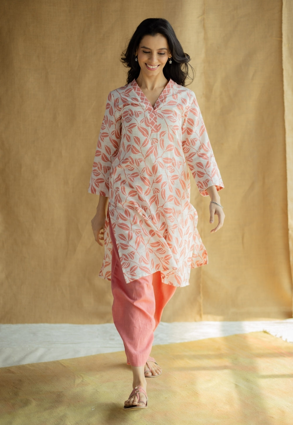 Avika Coral Hand Block Print Slub Cotton Straight Kurta