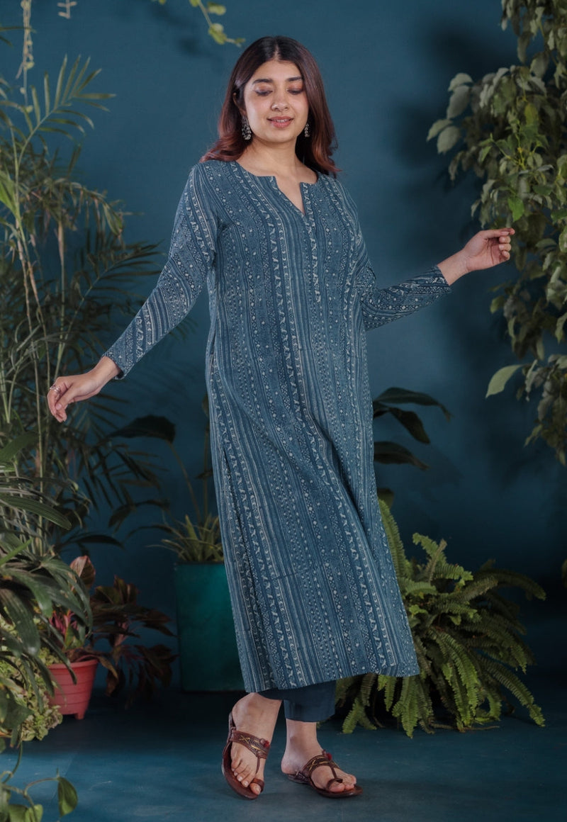 Haya Blue Ajrakh Cotton Straight Kurta