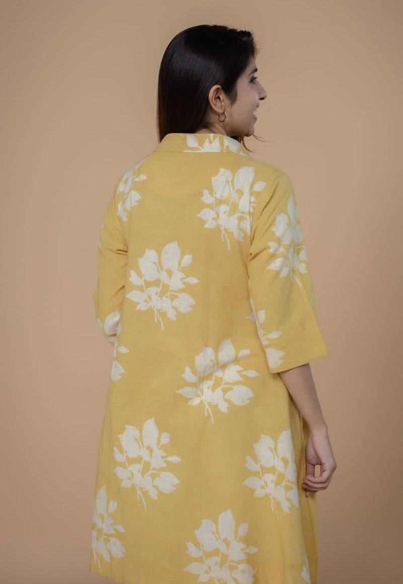 Srisha Yellow Dabu Slub Cotton A Line Dress