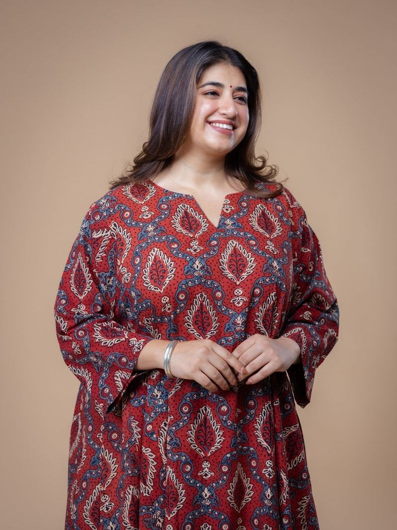 Aashi Red Ajrakh Cotton Jhabbha Kali Kurta