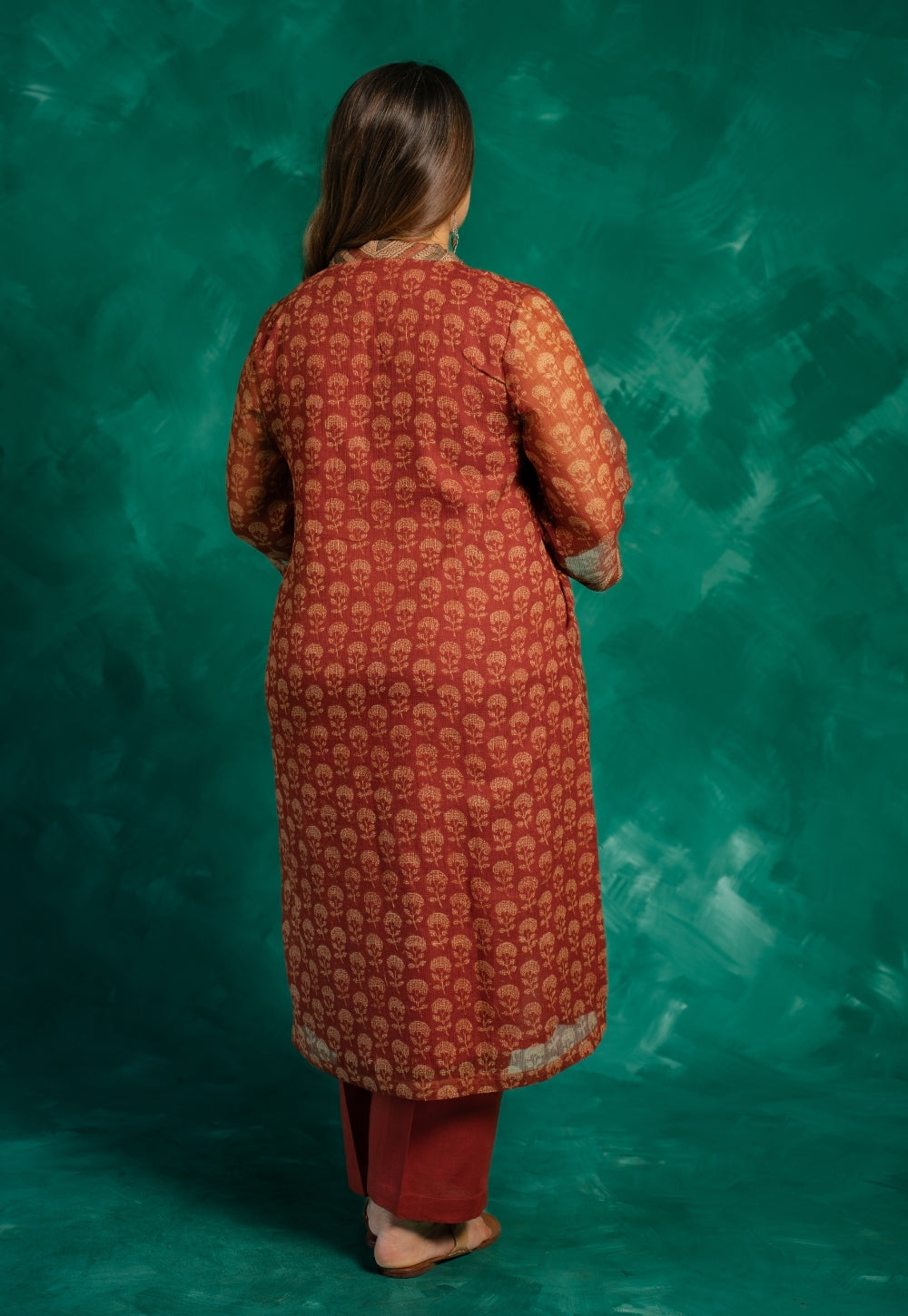 Zeenat Red Bagru Kota Doria Cotton Straight Kurta