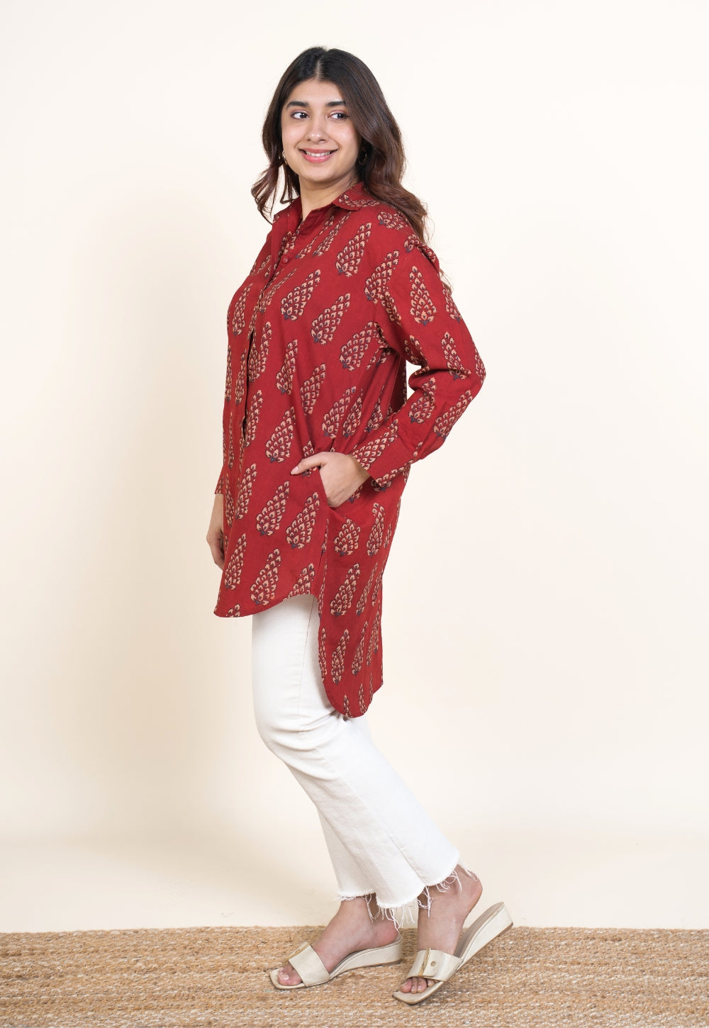 Cyra Red Ajrakh Cotton Anti-Fit Short Top