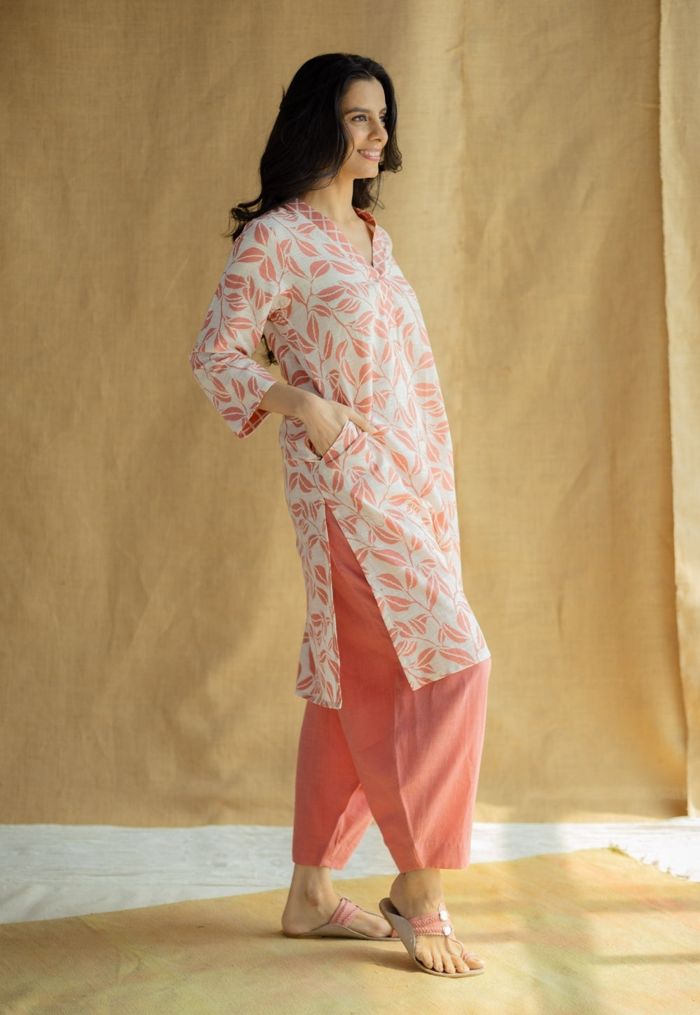 Avika Coral Hand Block Print Slub Cotton Straight Kurta