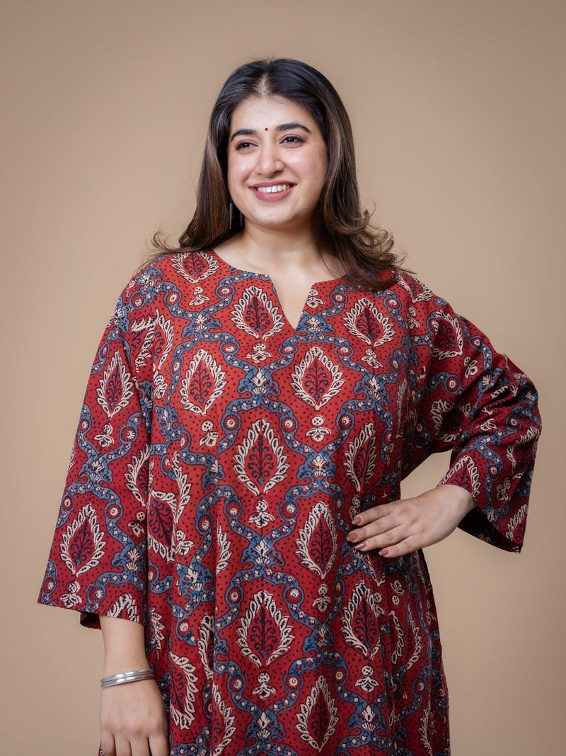 Aashi Red Ajrakh Cotton Jhabbha Kali Kurta