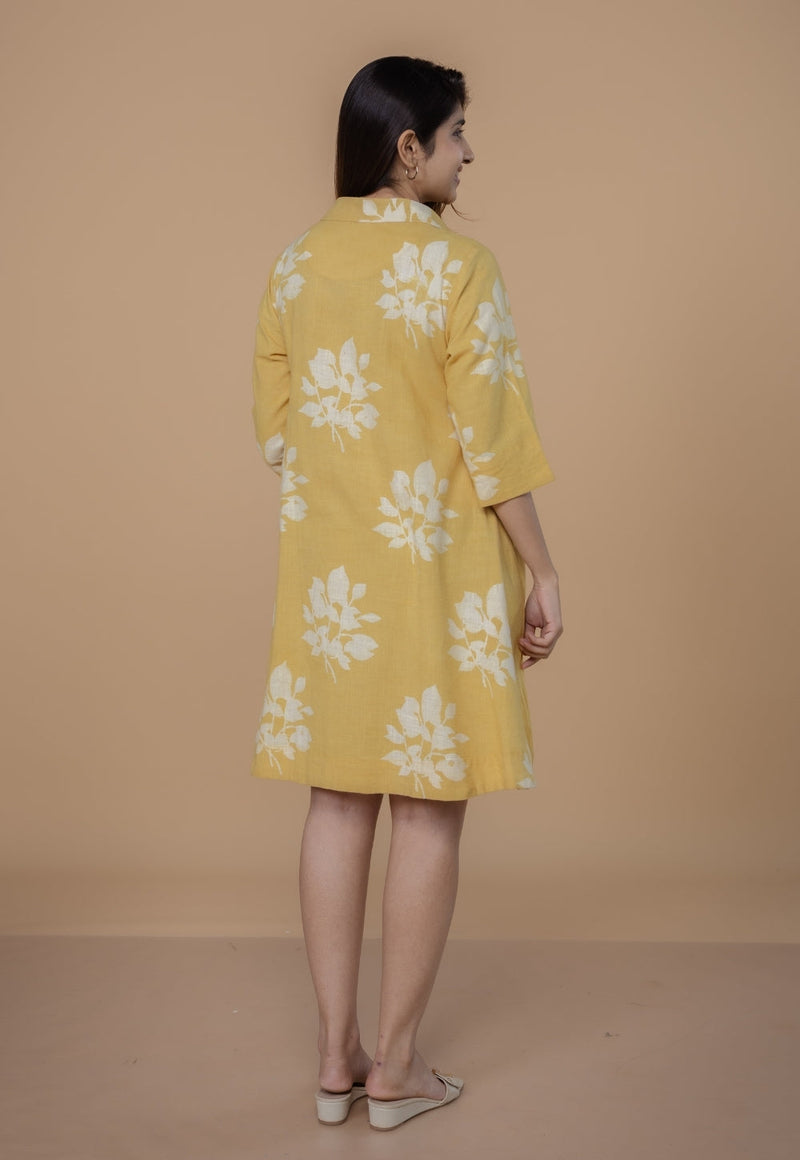 Srisha Yellow Dabu Slub Cotton A Line Dress