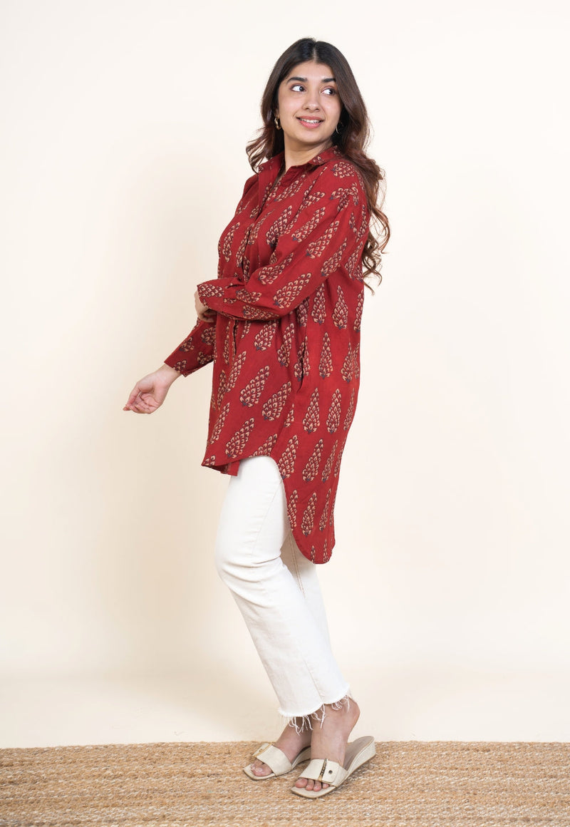 Cyra Red Ajrakh Cotton Anti-Fit Short Top