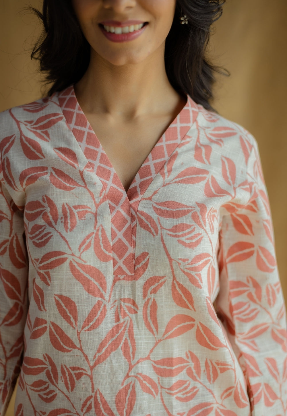 Avika Coral Hand Block Print Slub Cotton Straight Kurta