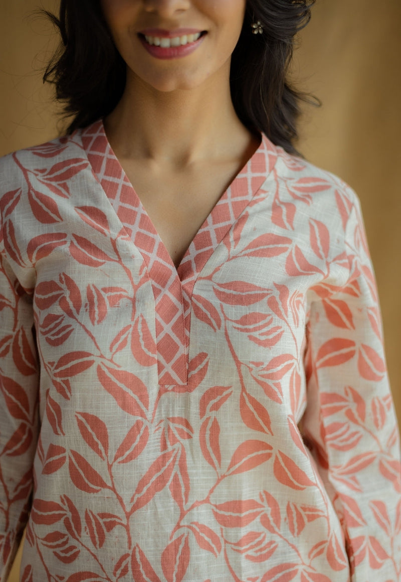 Avika Coral Hand Block Print Slub Cotton Straight Kurta