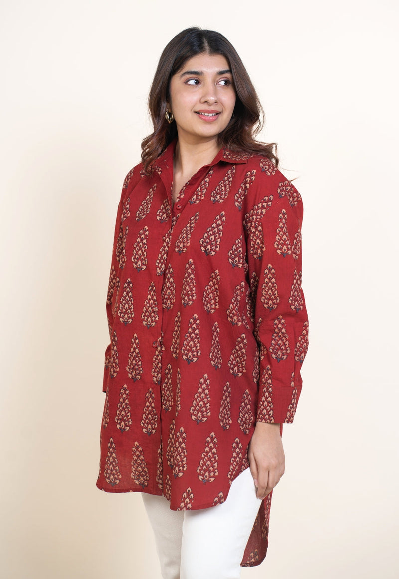 Cyra Red Ajrakh Cotton Anti-Fit Short Top