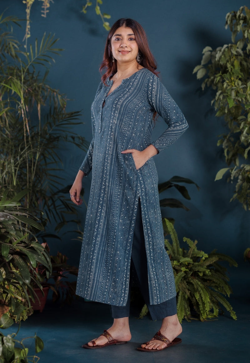 Haya Blue Ajrakh Cotton Straight Kurta