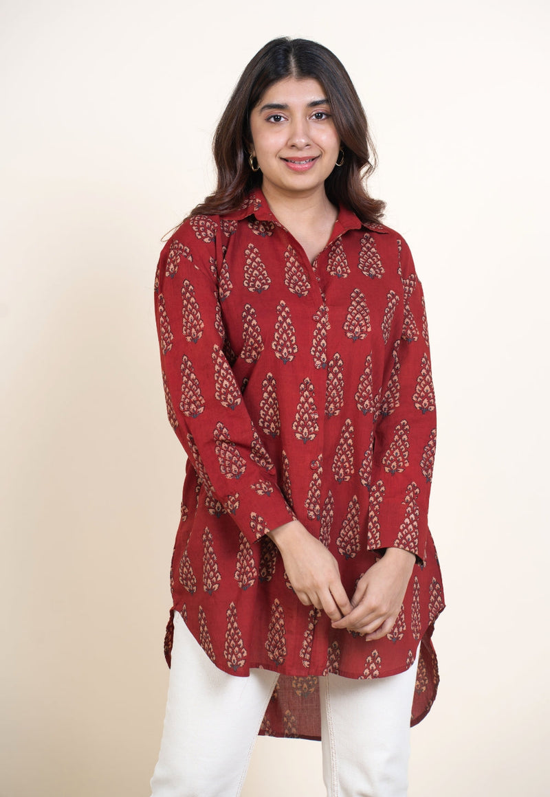 Cyra Red Ajrakh Cotton Anti-Fit Short Top