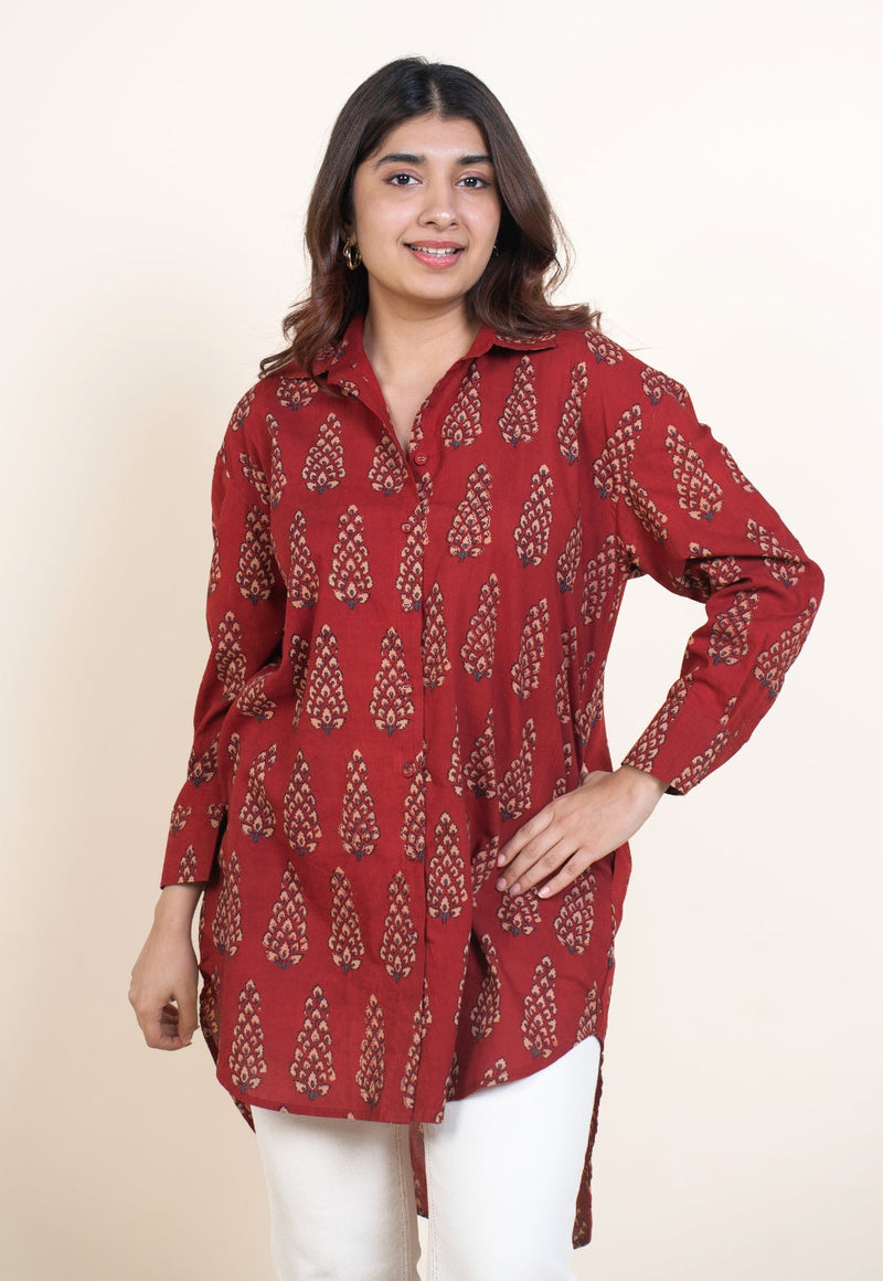 Cyra Red Ajrakh Cotton Anti-Fit Short Top