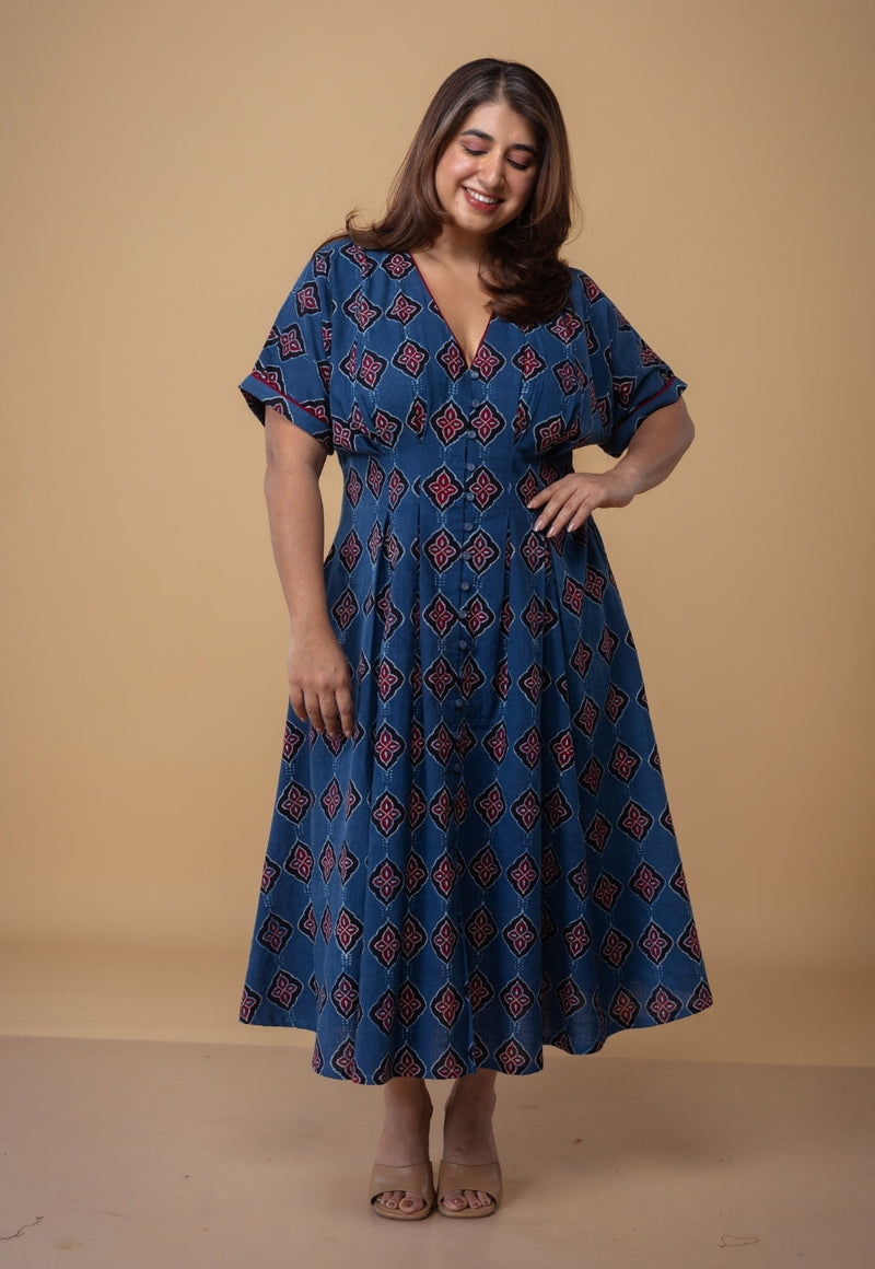 Reema Blue Dabu Slub Cotton A Line Dress