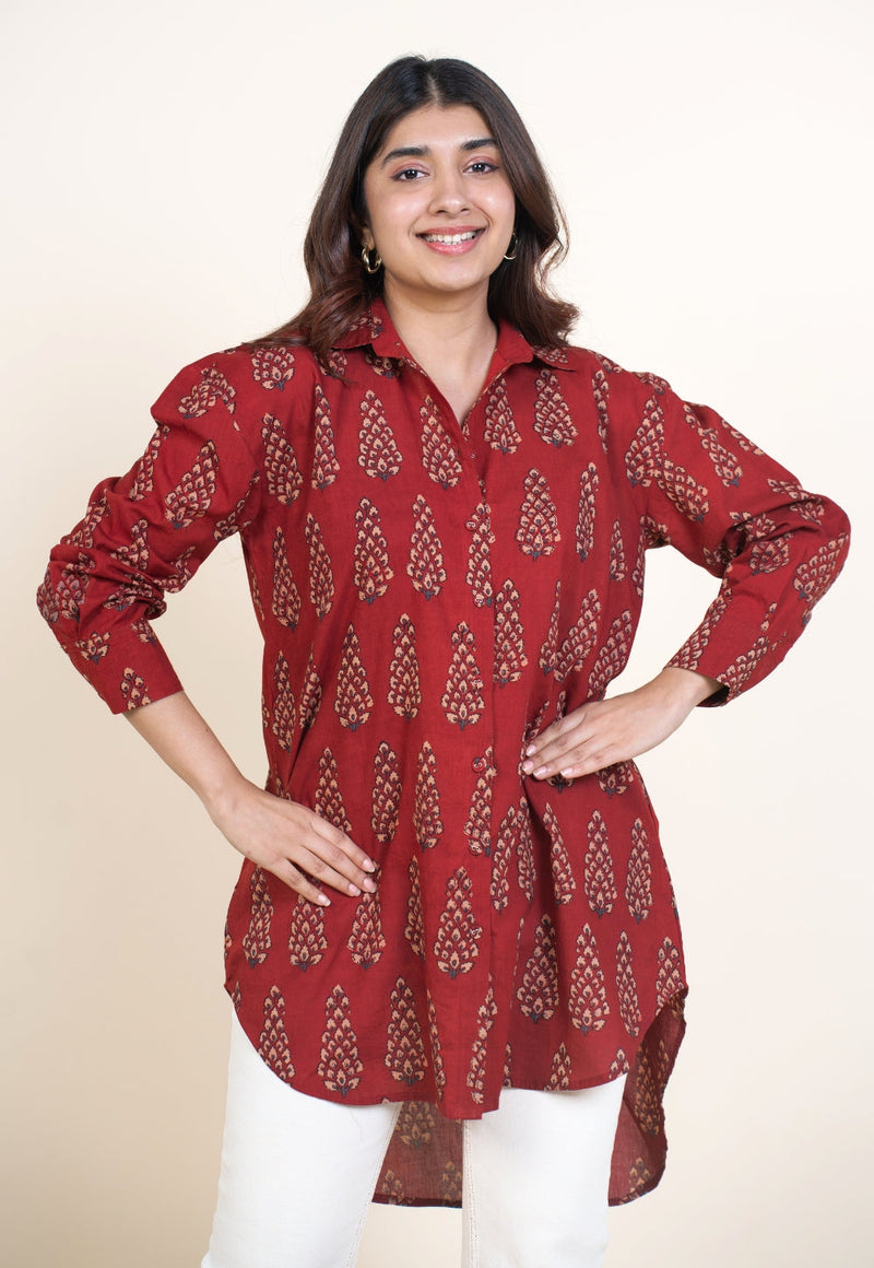 Cyra Red Ajrakh Cotton Anti-Fit Short Top