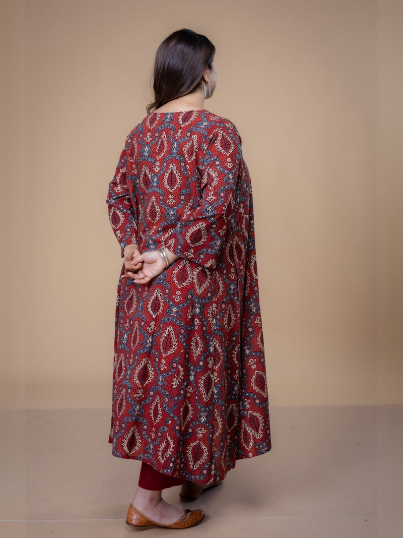 Aashi Red Ajrakh Cotton Jhabbha Kali Kurta