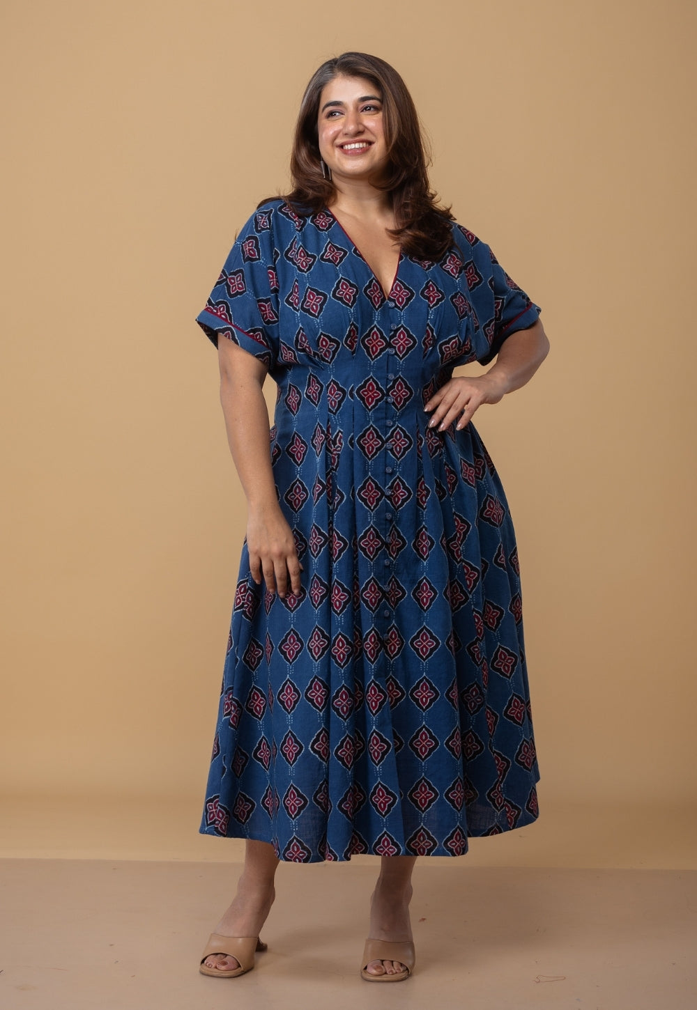 Reema Blue Dabu Slub Cotton A Line Dress