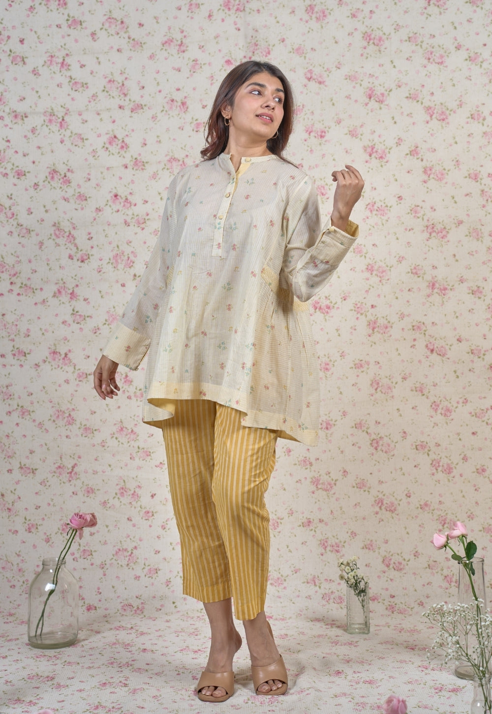 Nancy Yellow Sanganeri Mul Cotton Straight Short Top with Embroidery