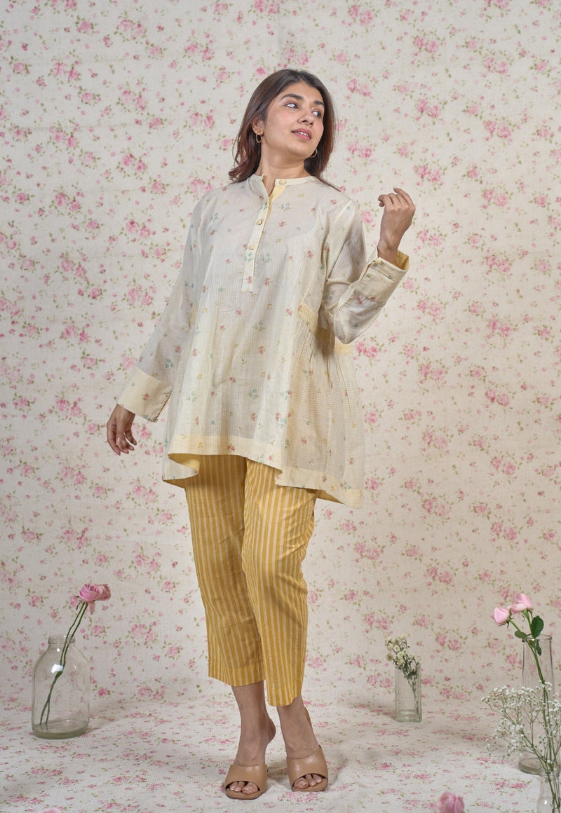 Nancy Yellow Sanganeri Mul Cotton Straight Short Top with Embroidery
