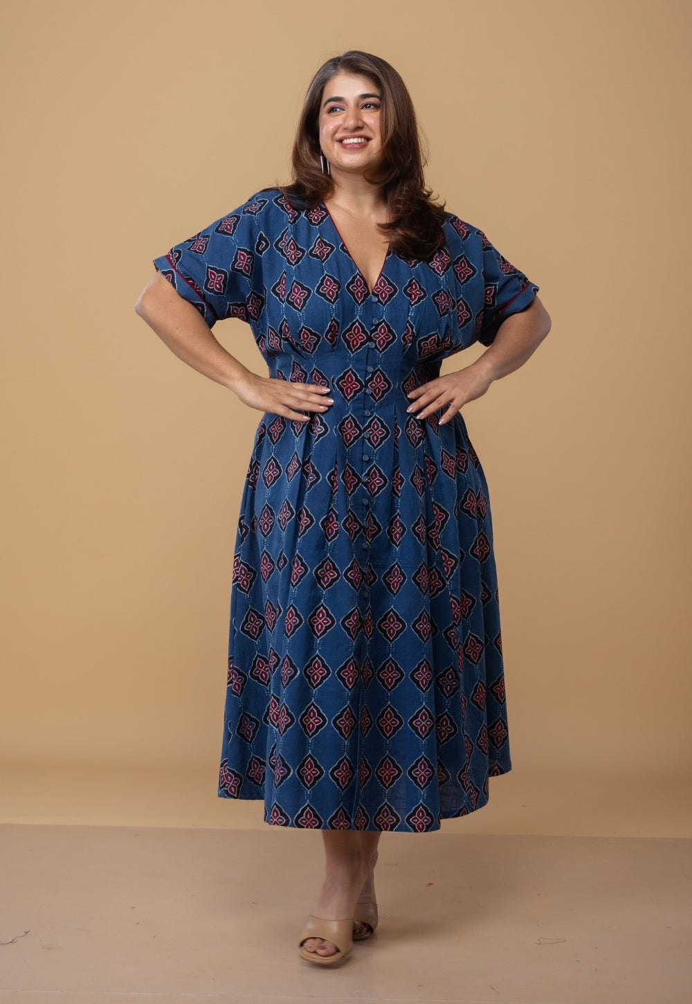 Reema Blue Dabu Slub Cotton A Line Dress