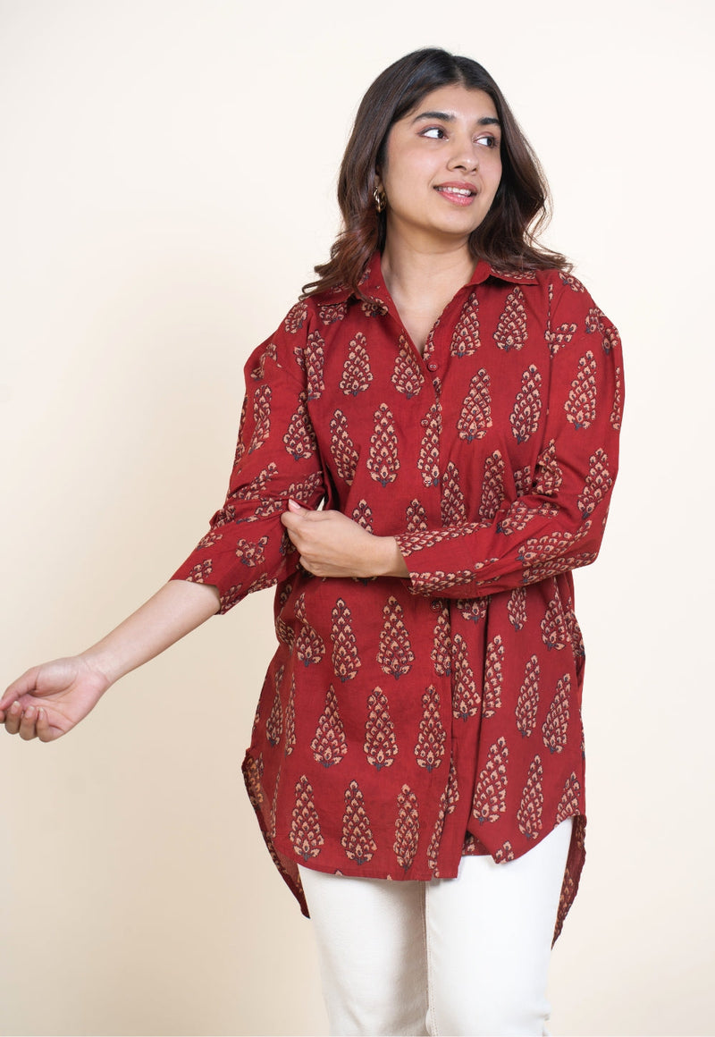 Cyra Red Ajrakh Cotton Anti-Fit Short Top