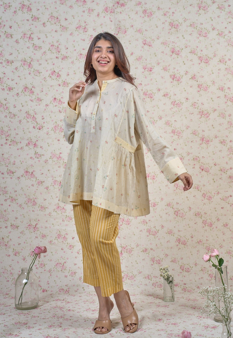 Nancy Yellow Sanganeri Mul Cotton Straight Short Top with Embroidery
