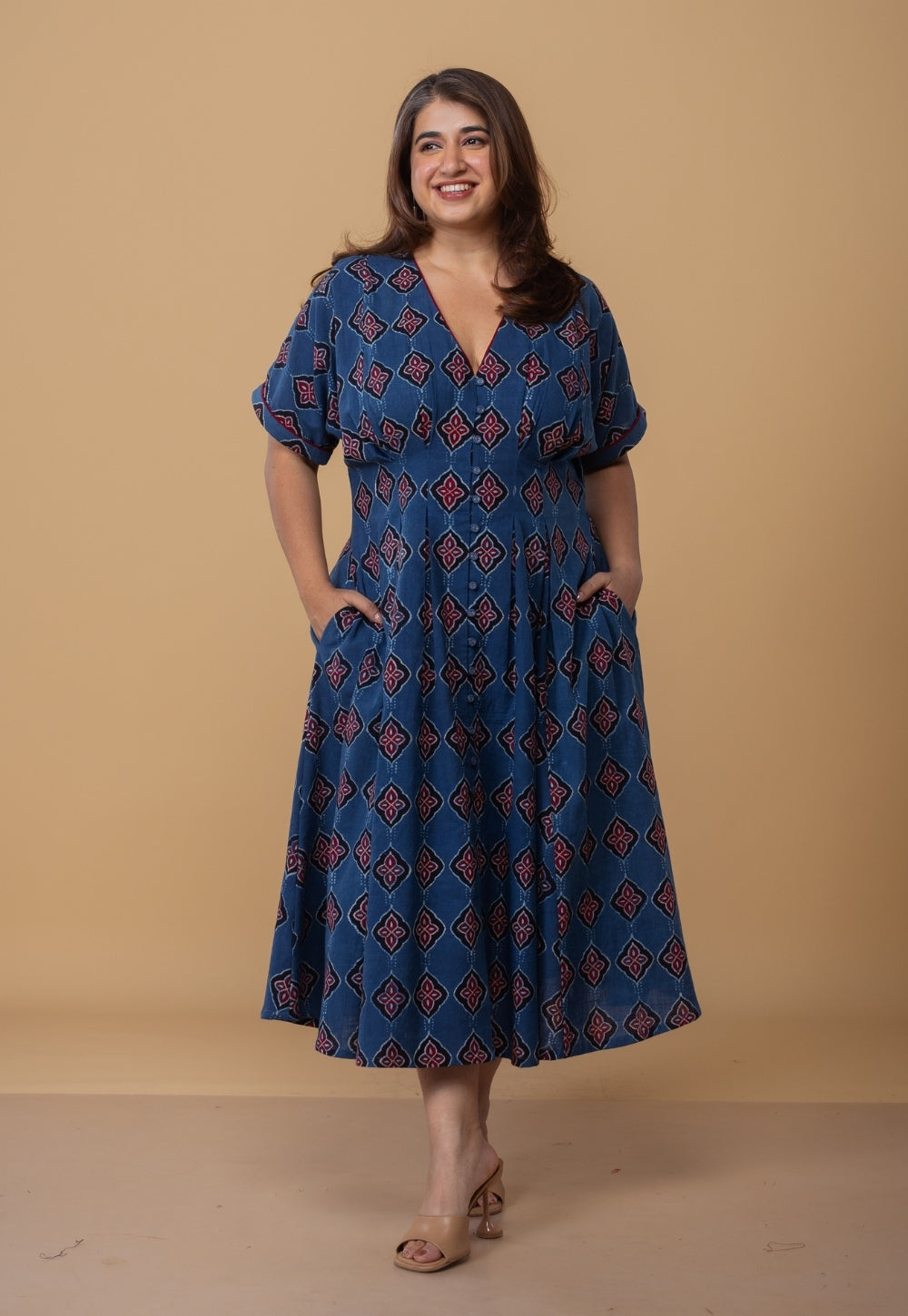 Reema Blue Dabu Slub Cotton A Line Dress