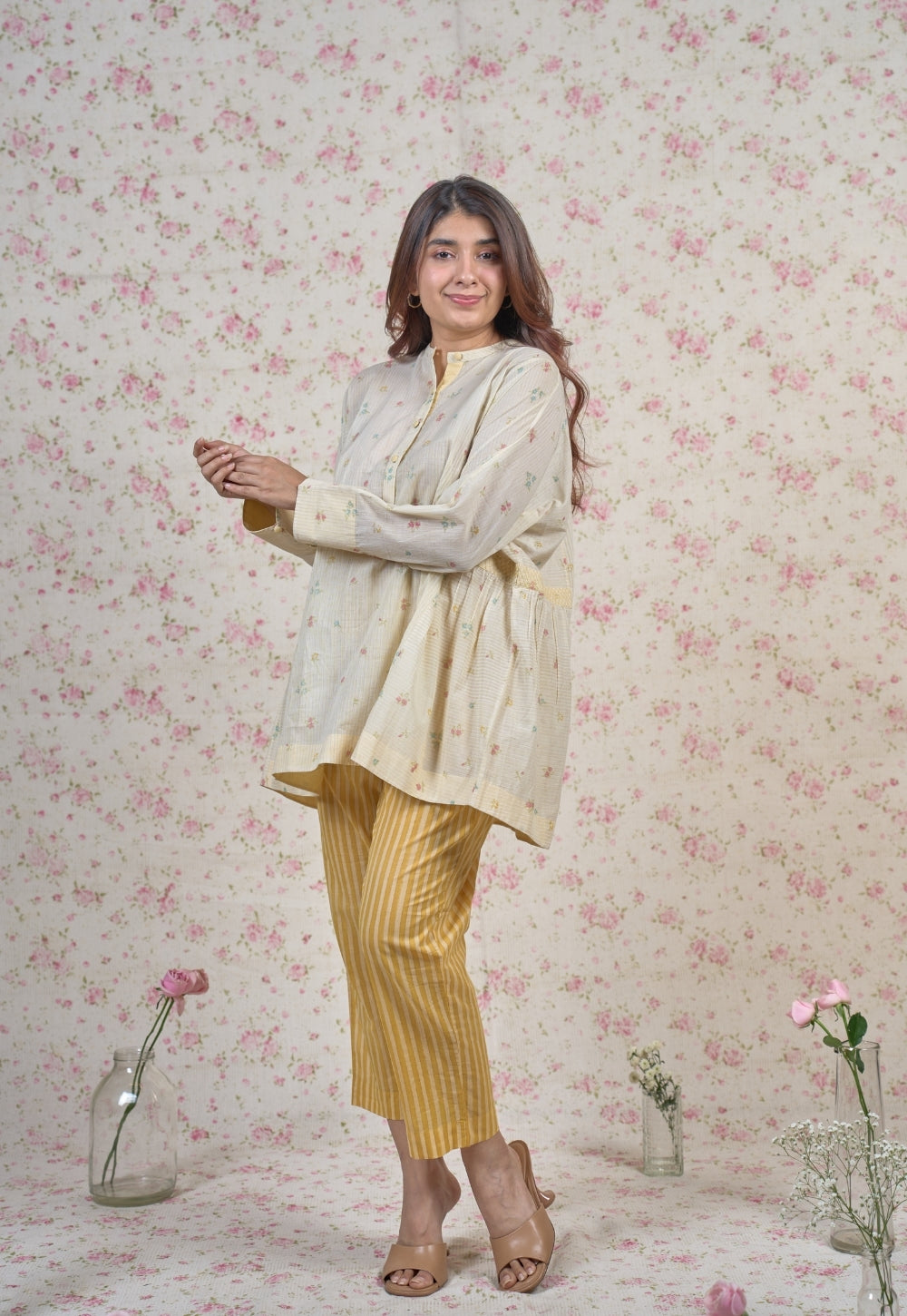 Nancy Yellow Sanganeri Mul Cotton Straight Short Top with Embroidery