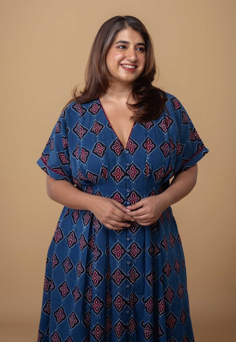 Reema Blue Dabu Slub Cotton A Line Dress