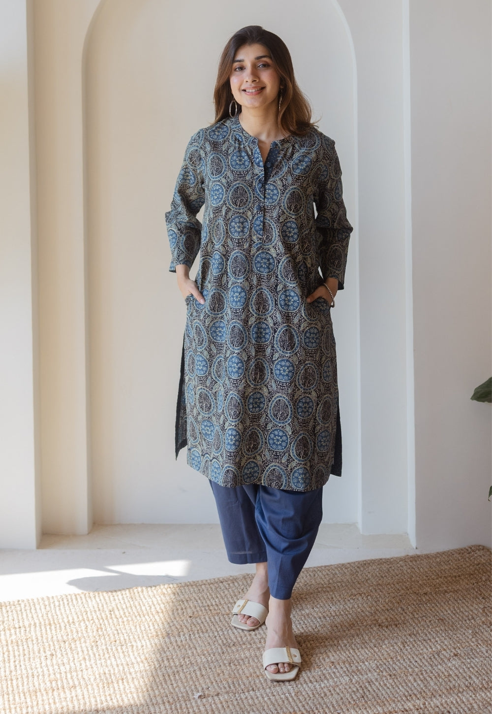Aarna Black Ajrakh Cotton Straight Kurta