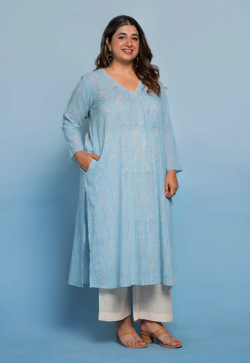 Raila Blue Dabu Mul Cotton Straight Kurta