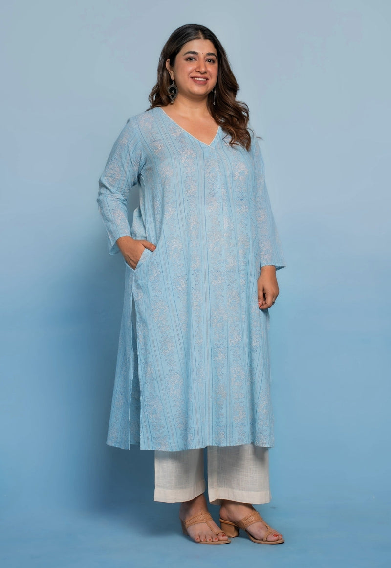 Raila Blue Dabu Mul Cotton Straight Kurta