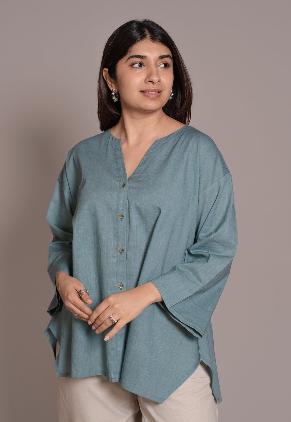 Light Blue Solid Slub Cotton Straight Short Top - DyeVerse