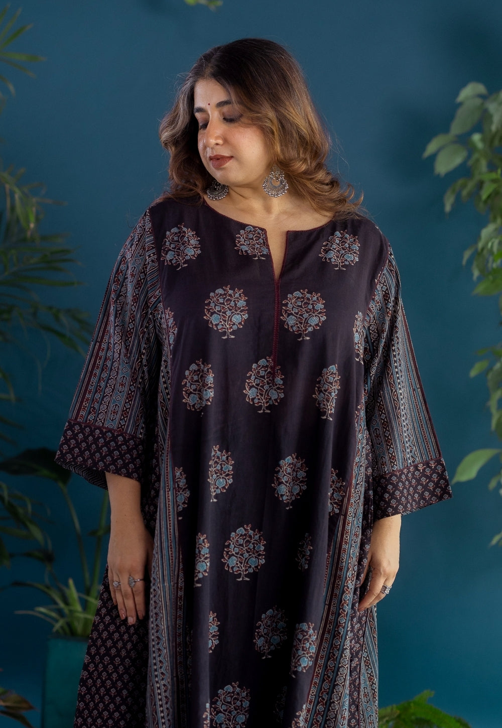 Garima Black Ajrakh Cotton Jhabbha Kali Kurta with Hand Embroidery