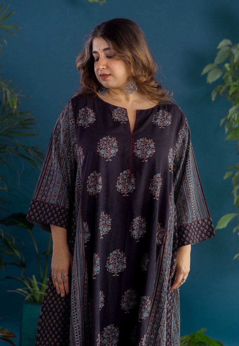 Garima Black Ajrakh Cotton Jhabbha Kali Kurta with Hand Embroidery