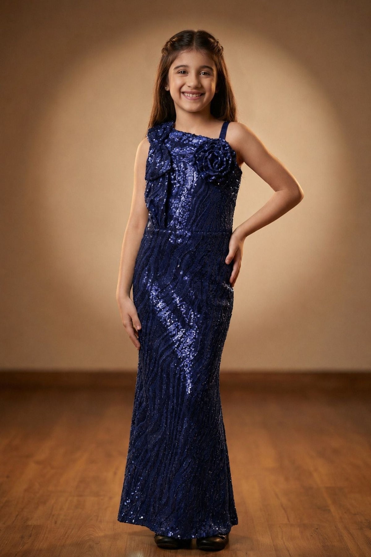 Navy Blue Sequin One-Shoulder Floral Appliqué Party Wear Gown For Girls
