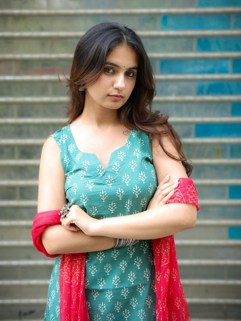 Ruby Sage Green & Red Farshi Salwar Set with cotton Dupatta