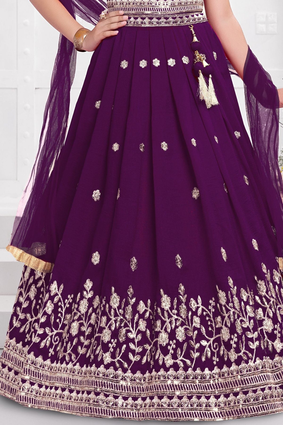 Purple Embroidered Lehenga Choli Set with Dupatta for Girls