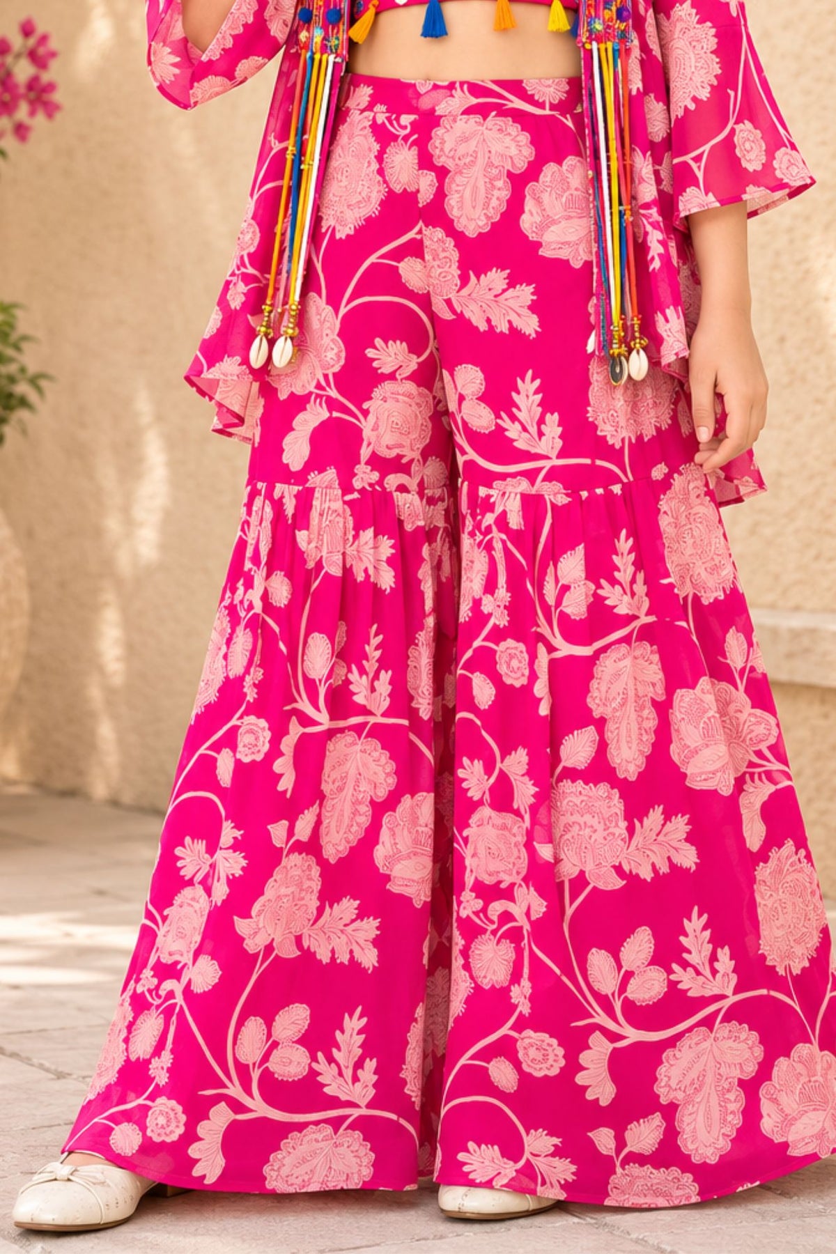 Pink Printed Co-Ord Set With Embellished Overcoat For Girls