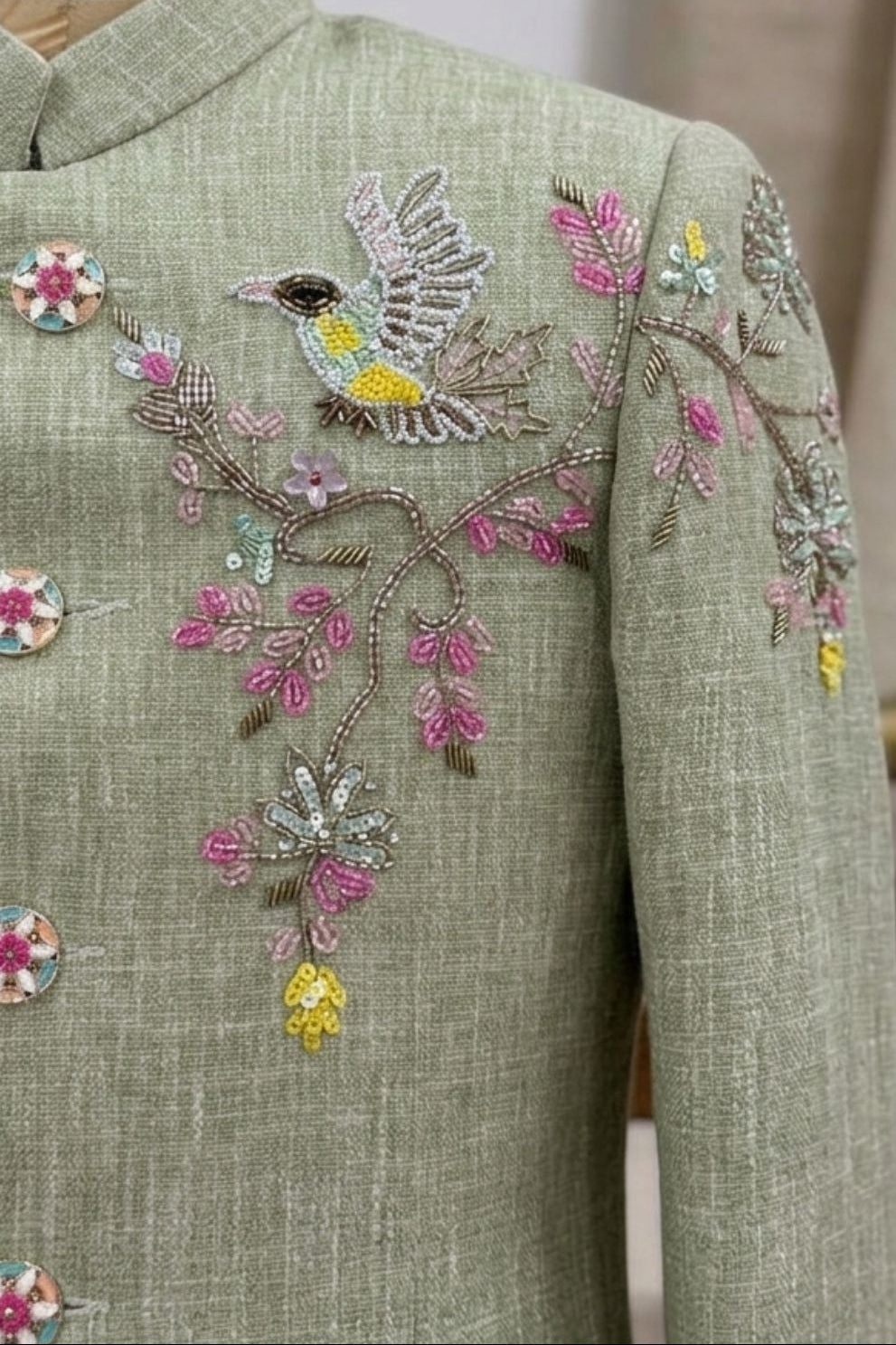 Pista Green Jodhpuri Suit With Bird Embroidery And Floral Detailing For Boys