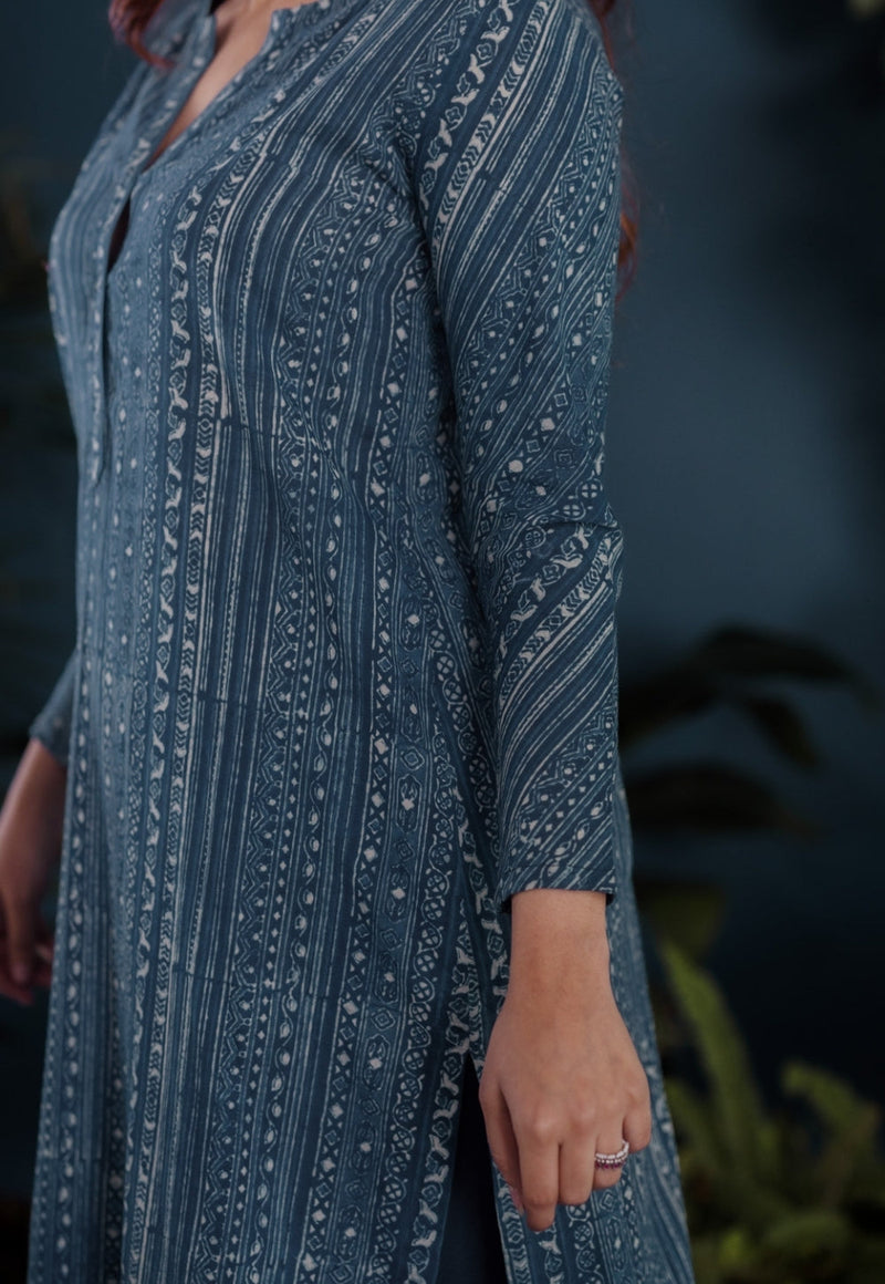 Haya Blue Ajrakh Cotton Straight Kurta