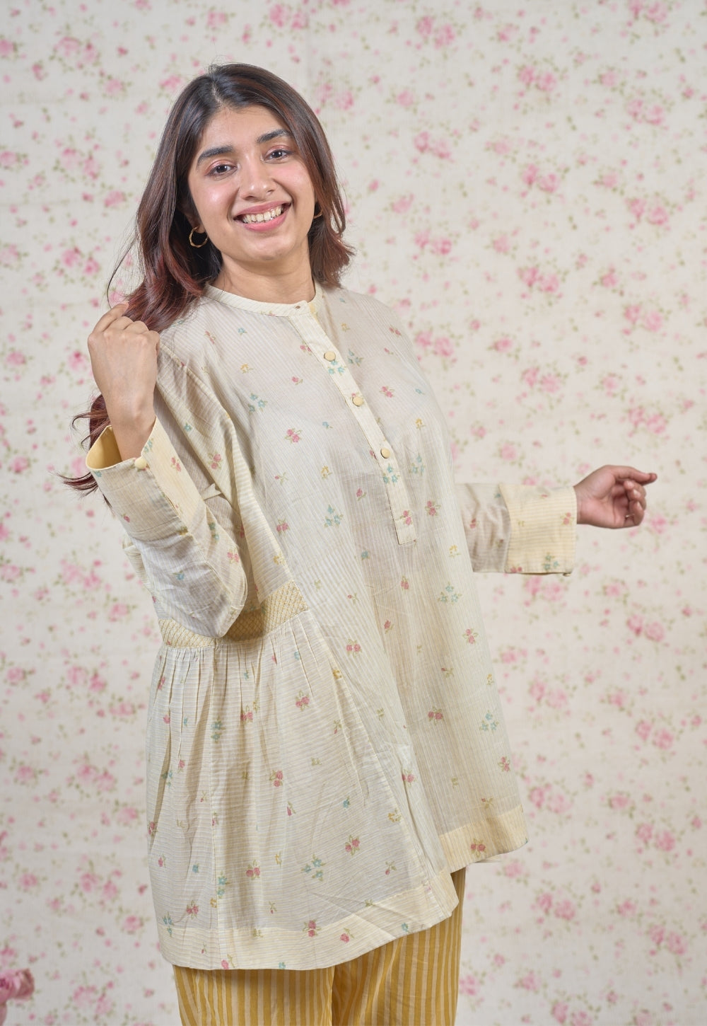 Nancy Yellow Sanganeri Mul Cotton Straight Short Top with Embroidery