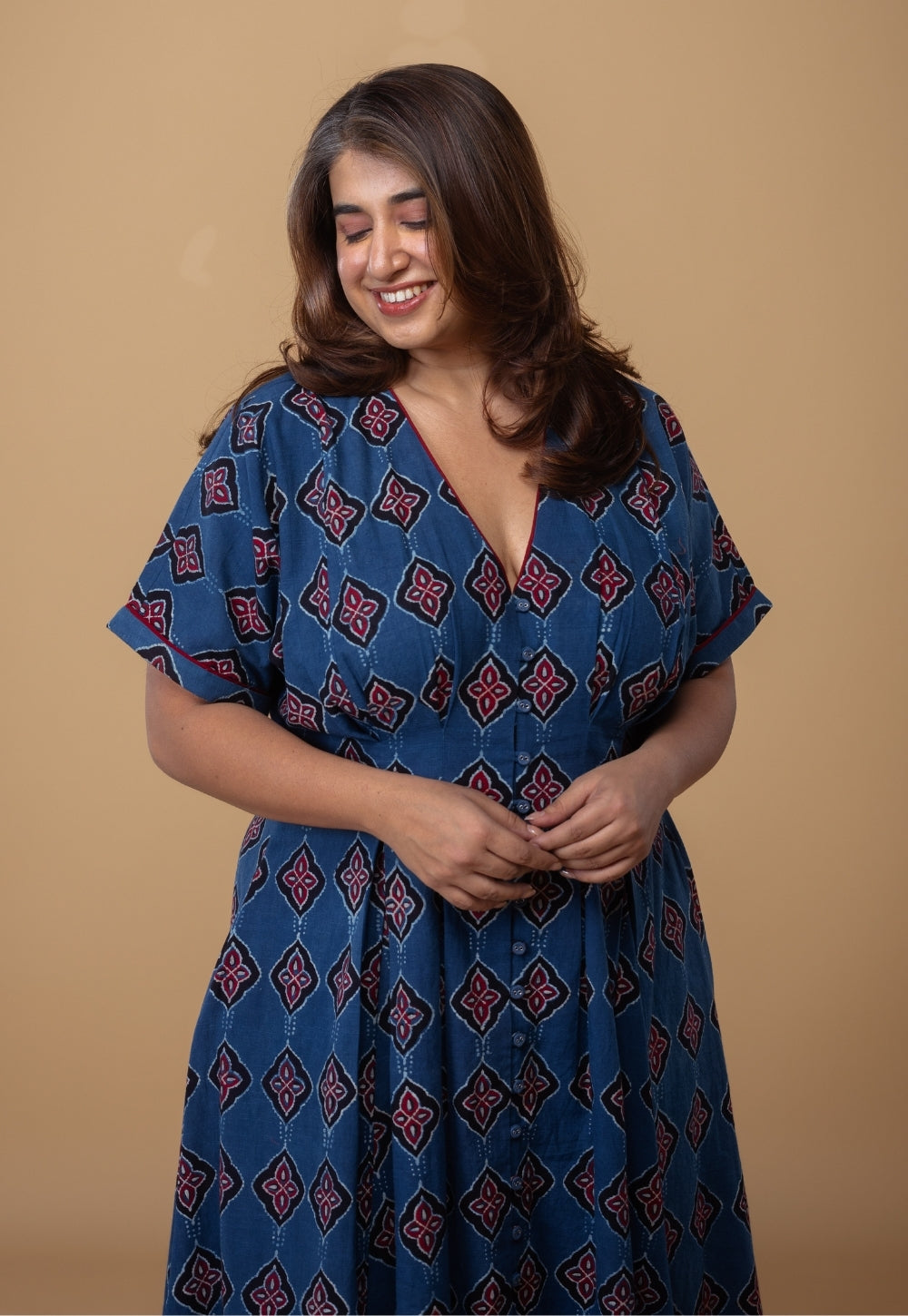Reema Blue Dabu Slub Cotton A Line Dress