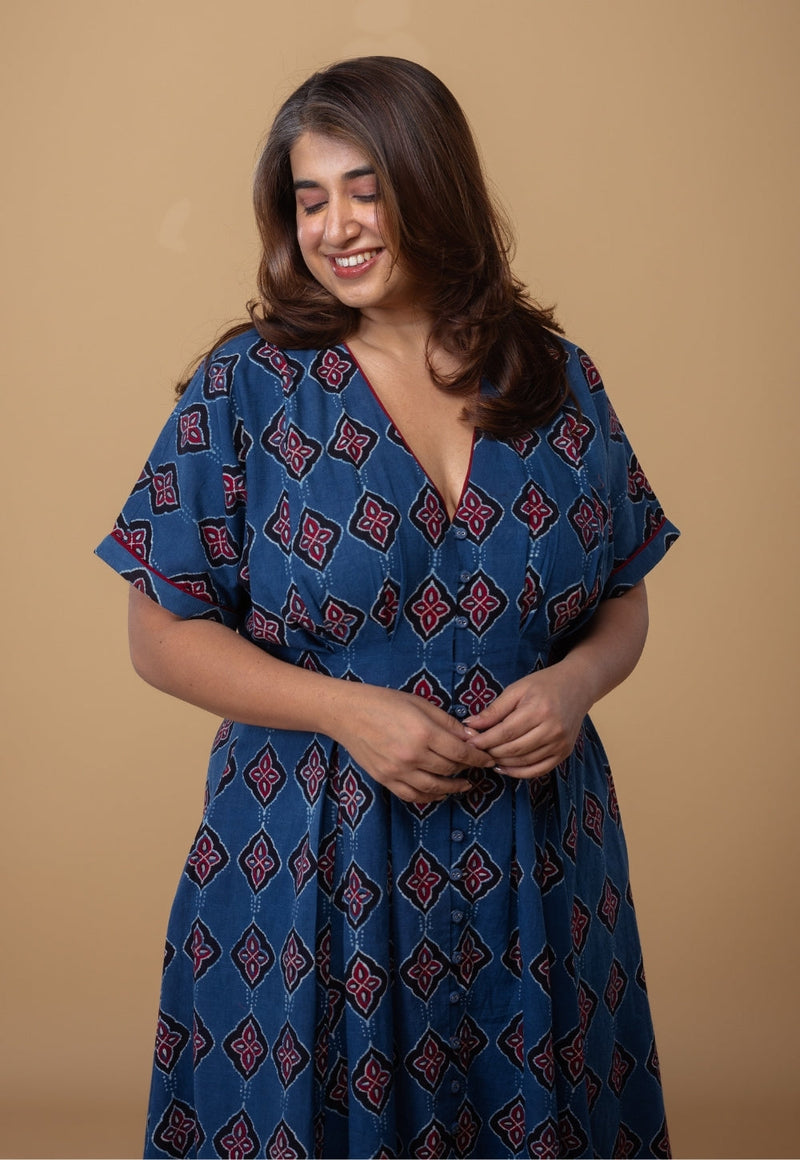 Reema Blue Dabu Slub Cotton A Line Dress