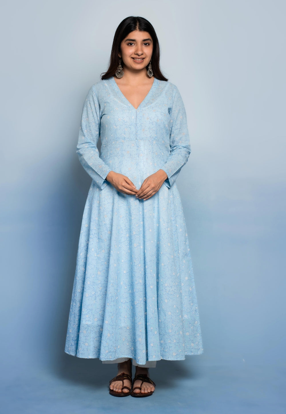 Amaya Blue Dabu Mul Cotton Kali Kurta