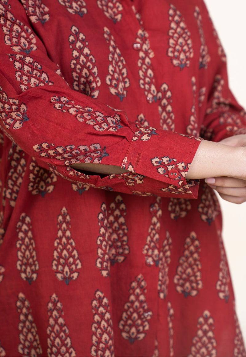 Cyra Red Ajrakh Cotton Anti-Fit Short Top