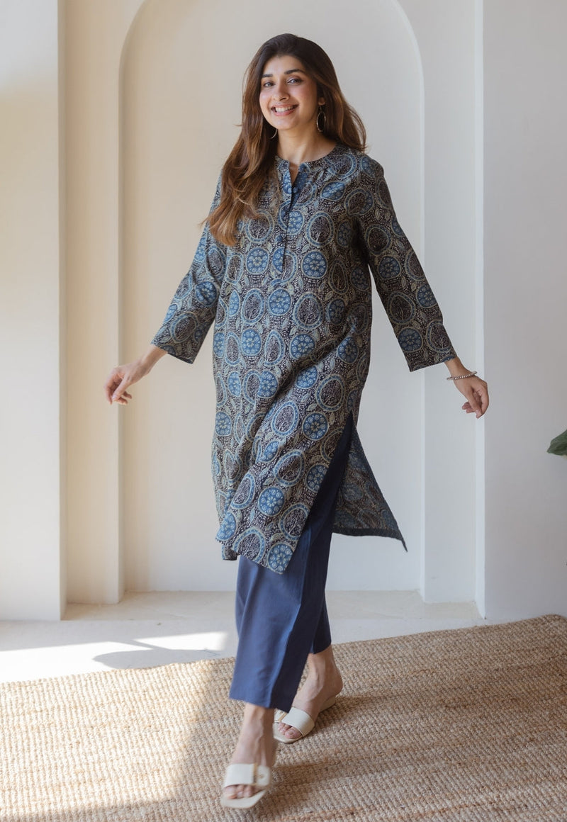 Aarna Black Ajrakh Cotton Straight Kurta