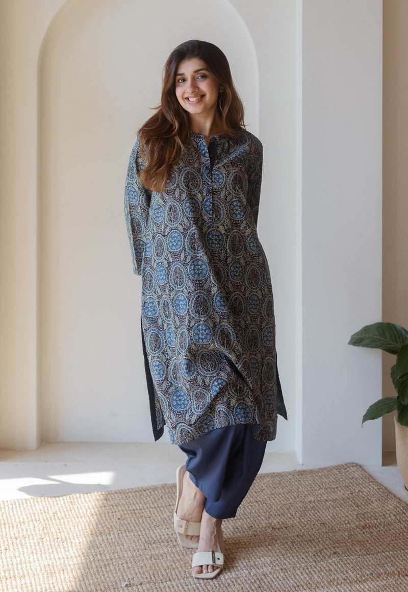 Aarna Black Ajrakh Cotton Straight Kurta