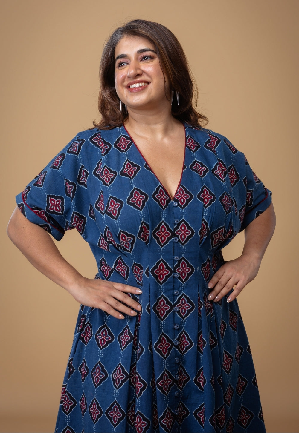 Reema Blue Dabu Slub Cotton A Line Dress