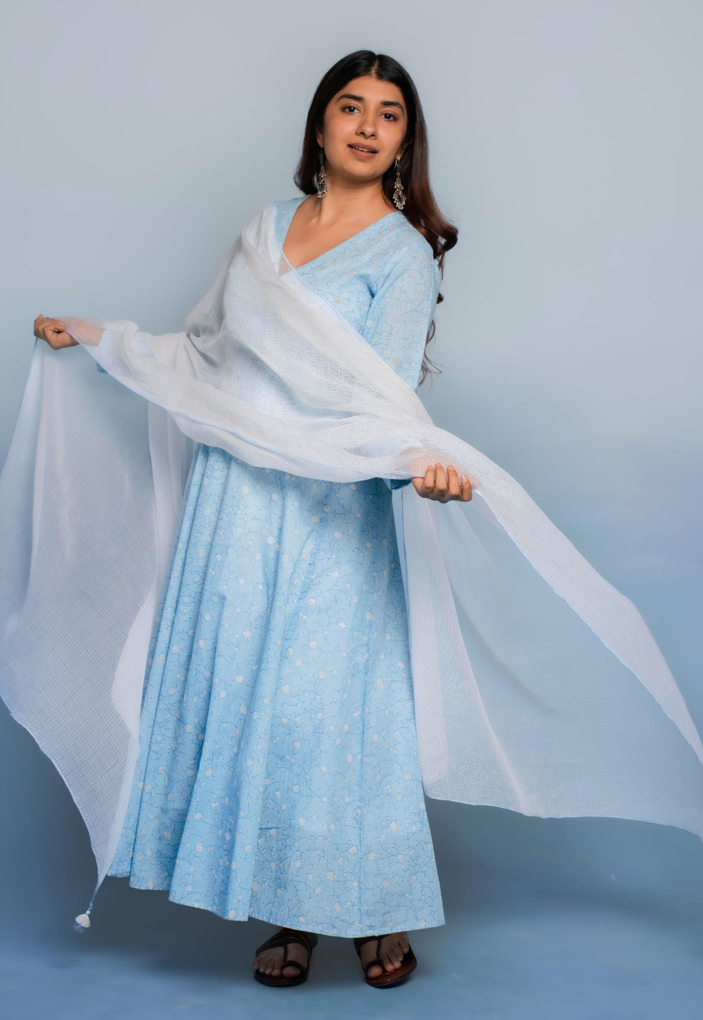 Amaya Blue Dabu Mul Cotton Kali Kurta